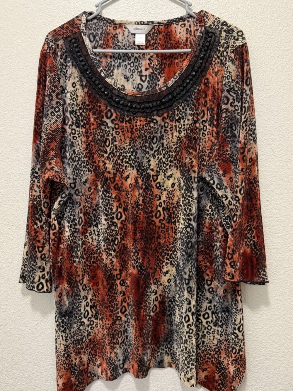 CJ Banks leopard print ribbed tunic, beaded neckline, 3/4 sleeves, 1X